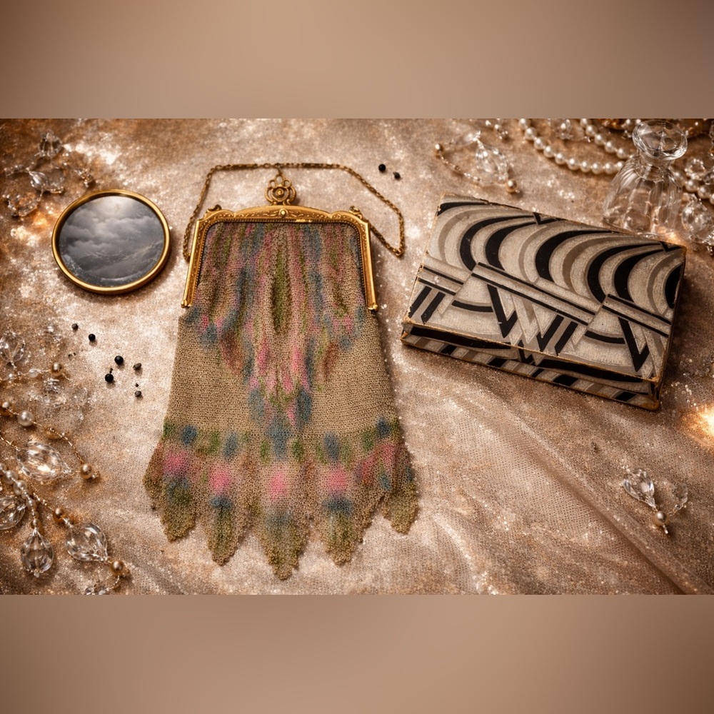 Antique 1920s Whiting & Davis Mesh Flapper Purse w/ Mirror & Original Box